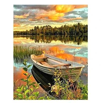 Image of DIY 5D Diamond Painting Kits for Adults and Kids,Sunset Lake Boat Full Art by Numbers,Crystal Rhinestone Cross Stitch Embroidery Pictures Arts Crafts Home Wall Decor 40x50cm/16x20in