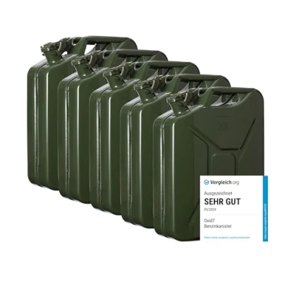 Image of Oxid7 5 x fuel canisters, 20 litres, made of metal, olive green, suitable for petrol, diesel and bio ethanol, L petrol canister with UN approval design tested