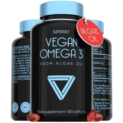 Image of Vegan Omega 3 Capsules High Strength DHA from Algae Oil with Flaxseed Oil, Astaxanthin, Vitamin E 60 Easy Swallow Softgel Tablets Sustainable Vegetarian Supplements