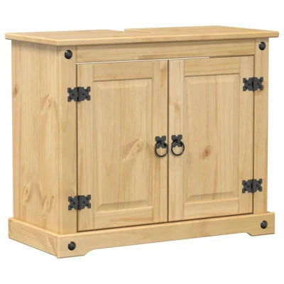 Image of vidaXL Corona Bathroom Sink Cabinet 73x33x60 cm Solid Wood Pine with Honey Wax Finish, Metal Handles, Ample Storage, Wall Attachment Included Brown