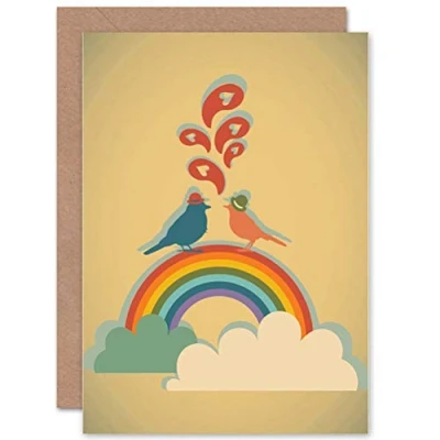 Image of Wee Blue Coo HIPSTER LOVE BIRDS RAINBOW CLOUDS BLANK GREETINGS BIRTHDAY CARD ART