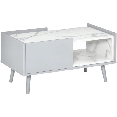 Image of HOMCOM White Coffee Table with Faux Marble Top, 2 Tier Wood Center Sofa Storage Drawer and Shelf for Home Living Room Reception