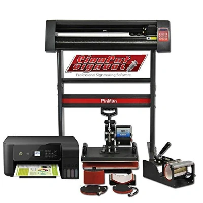 Image of 5 in 1 Heat Press Swing T Shirt Transfer Mug Plate Cap with Sublimation Printer Including Vinyl Cutter 28“/72cm Cutting Plotter Sign Maker SignCut Pro Software Da Vinci Business Bundle