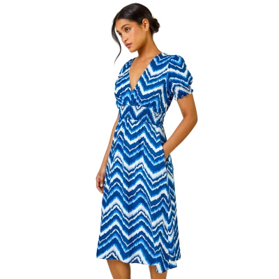 Image of Roman Originals Women Shirred Waist Dress Ladies Spring Everyday Summer Holiday V Neckline Comfy 3/4 Sleeve Soft Tassle Detail Frock Vacation Gowns Light Blue White Size 20