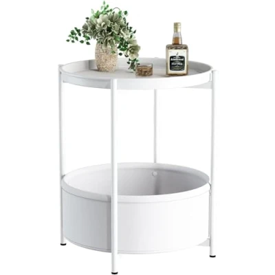 Image of Side Table, Round End Table with Fabric Basket, Small Bedside Nightstand Sofa for Living Room, Bedroom, Bathroom, Balcony, Modern Style (White)