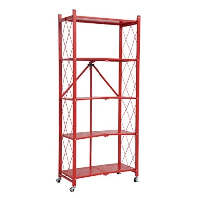Image of Visco Therapy 5 Tier Metal Folding shelf with Wheels. Bedroom, Office, Garage Storage Rack, (Red)