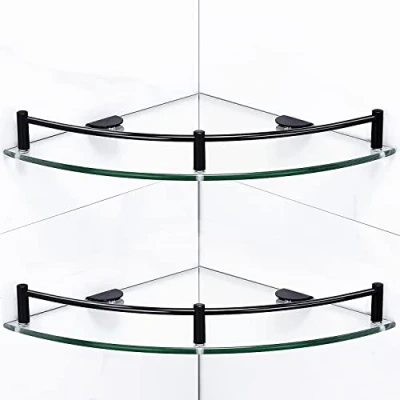 Image of Halyuhn Bathroom Shower Corner Shelf, 9.5in Tempered Glass Shelf for Wall Mounted, 2 Tier Organizers and Storage, Stainless Steel Rail