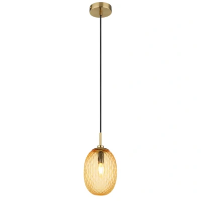 Image of Devin Globe Pendant Ceiling Light Gold Colours Matt Amber Glass Shade 1x E14