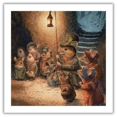 Image of Christmas Cards Pack of 8 the Wind in Willows Illustrated Design Carol Singing Mice by Chris Dunn Eco Friendly Made UK