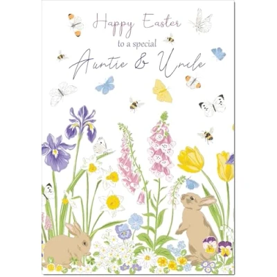 Image of doodlecards Auntie &amp; Uncle Easter Card Spring Flowers with Bunnies Medium Size Plain Envelope