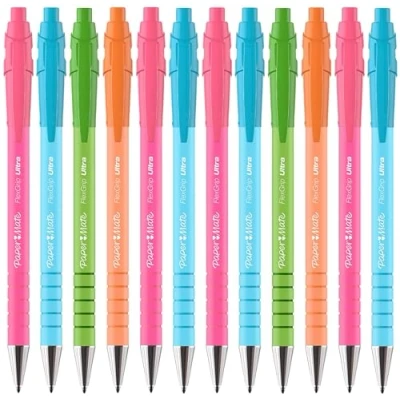 Image of Paper Mate Flexgrip Ultra Retractable Ballpoint Pens Medium Point Blue Ink Bright Retro Barrels Pack of 12
