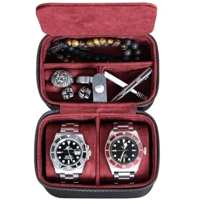 Image of ROTHWELL 2 Watch Travel Case Storage Organizer for Watches Tough Portable Protection w/Zipper Fits All Wristwatches &amp; Smart Up to 50mm (Black/Red)