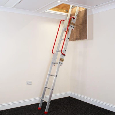 Image of BPS Aluminium Slider 3 Section Sliding Loft Ladder with Handrail D Shaped Rungs, Stowing Pole, Locking Catches 150kg Load Capacity