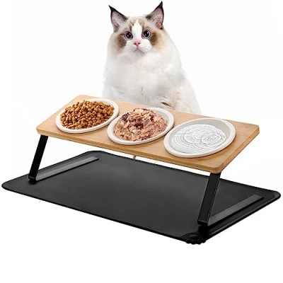 Image of Otoomenz 3PCS Cat Bowl, Ceramic Food Bowls with 15 Tilted Wood Stand,Raised for and Water, Bamboo Feeding Station Mat Cats Puppy