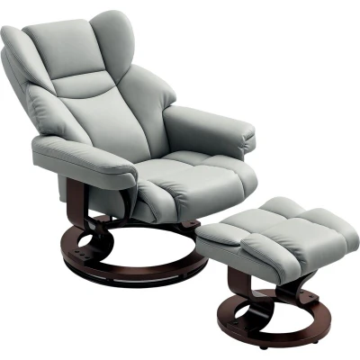 Image of HOMCOM Faux Leather Recliner Chair and Footstool, Swivel Upholstered Armchair Footstool with Adjustable Backrest, Solid Wood Base for Living Room, Light Grey