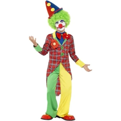 Image of Smiffys Clown Costume, Red with Jacket, Trousers, Mock Shirt &amp; Bowtie, Boys Fancy Dress, Dress Up Costumes