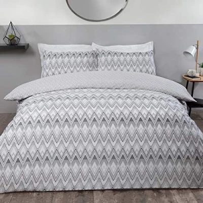 Image of Sleepdown Zig Zag Retro Geometric Black Grey Reversible Soft Easy Care Duvet Cover Quilt Bedding Set with Pillowcases Double (200cm x 200cm), Polycotton