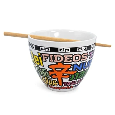 Image of Boom Trendz Bowl Bop Noodle Collage Japanese Dinner Set 16 Ounce Ramen Bowl, Chopsticks