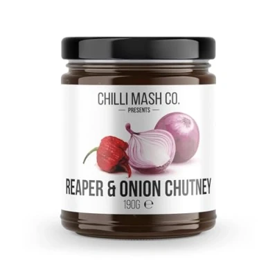 Image of Carolina Reaper &amp; Onion Chutney Chilli Mash Company Spicy Condiment for Cheese, Sandwiches or Ploughman&#039;s Lunch Vegan and Vegetarian Friendly 190g.