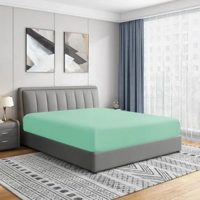 Image of Cathay Home Luxury Wrinkle and Fade Resistant Double Brushed Ultra Soft Microfiber 14 Inch Standard Pocket Single Fitted Sheet, Sea Foam, Queen