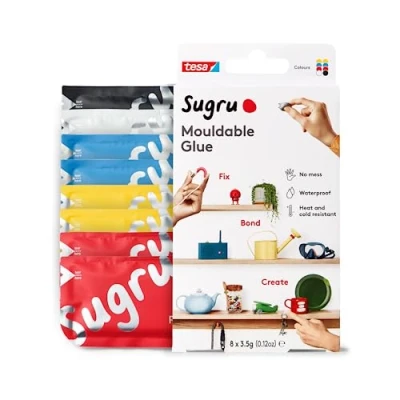 Image of Sugru by tesa Mouldable Multi Purpose Glue for Creative Fixing and Making, Black, White, Red, Yellow &amp; Blue, 8 Pack