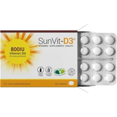 Image of SunVit D3 Vitamin D 800IU Tablets Cholecalciferol Support The Maintenance of Bone, Teeth, Muscle &amp; Immune System Made in UK GMP Approved Vitamins 28 Convenient