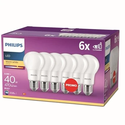 Image of PHILIPS LED E27 Frosted Light Bulbs, 5.5 W (40 W) Warm White, Pack of 6