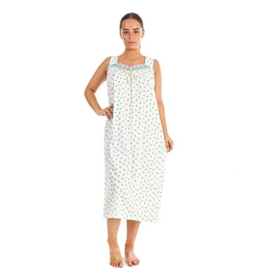 Image of Ladies Floral Nightdress 100% Cotton Strap V Neck lace Long Nightwear M to 3XL Mint Green