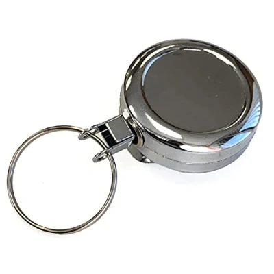 Image of Retractable Key Ring Reel Chrome Heavy Duty ID Pull with Strap Clip Extendable Card Holder (Pack of 1) Keyring PCL Media ltd