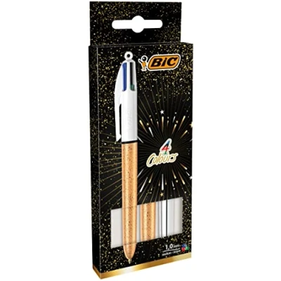 Image of BIC 4 Colours Ball Pens Medium Point (1.0 mm) Assorted Barrel (Gold Frozen Textured and Silver), Pack of 3, 992580