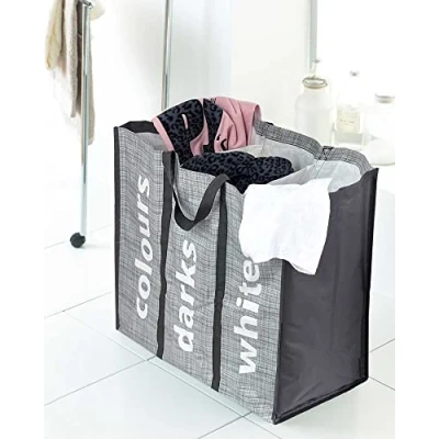 Image of COUNTRY CLUB 3 Section Lights and Darks Design Folding Laundry Bag Hamper with Carry Handles