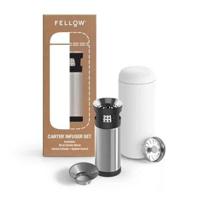 Image of Fellow Carter Tea + Cold Brew Infuser &amp; Move 16 oz Tumbler Set Steep On The Go Vacuum Insulated Stainless Steel Travel Mug w/Snap in for Steeping Tea, Brew, Matte White
