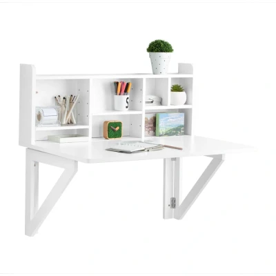 Image of Sobuy Folding Wooden Wall Mounted Drop Leaf Table Desk Integrated with Storage Shelves,White ,FWT07 II W