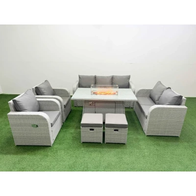 Image of Pe Rattan Garden Furniture Set Reclining Chair Sofa Double Love Seat 2 Seater Lounge Firepit Dining Table Stools Light Grey Fimous