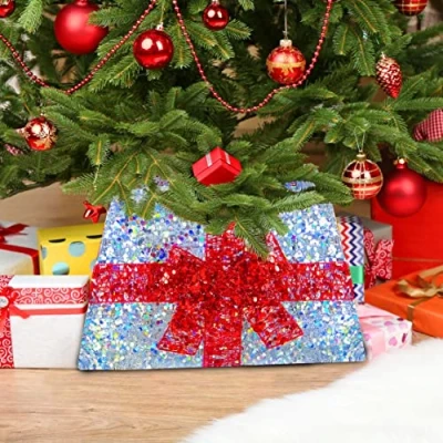 Image of Just for Christmas Xmas Tree Skirt LED Light Up RED SANTA OR BLUE Sequin Gift Box Design Collar Tidy Stand Cover Decoration Traditional Festive Décor (Silver 6099)
