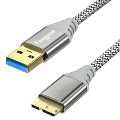 Image of Fasgear USB 3.0 to Micro B Cable Nylon Braided 5Gbps Charging and Syncing for Galaxy Note 3, Hard Drive, Mobile Disk (1.6ft, Gray)