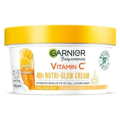 Image of Garnier Body Superfood, Nutri Glow Cream, Vitamin C &amp; Mango, for Dry Dull Skin, Brightening Glowing, Nourishing Fast Absorbing, Vegan Formula, Approved by Cruelty Free International, 300ml