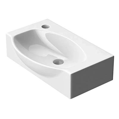 Image of Durovin Bathrooms Compact Ceramic Sink Wall Hung Mount D Shape Cloakroom Hand Washing Basin One Left Corner Tap Hole