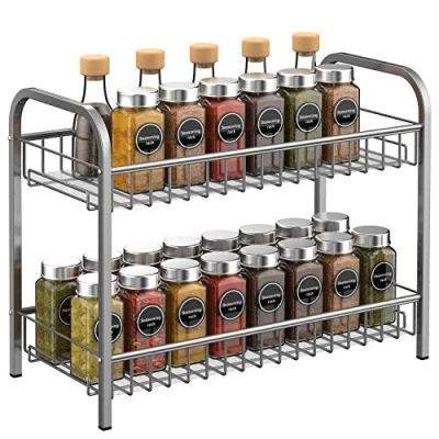 Image of Mutool 2 Tiers Spice racks Free Standing Kitchen Cabinet Shelf Organizer Counter herb rack space saving storage, Grocery racks, fruit bread (Silver)
