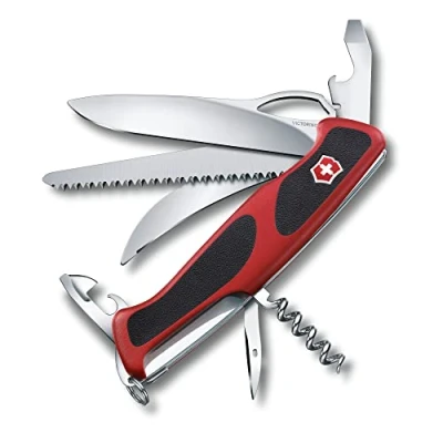 Image of Victorinox Ranger Grip 57 Swiss Army Knife, Large, Multi Tool, 13 Functions, Locking Blade, One Hand, Red/Black
