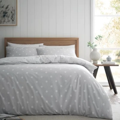 Image of Catherine Lansfield Brushed Polka Dot Cotton Reversible Single Duvet Cover Set with Pillowcase, Grey