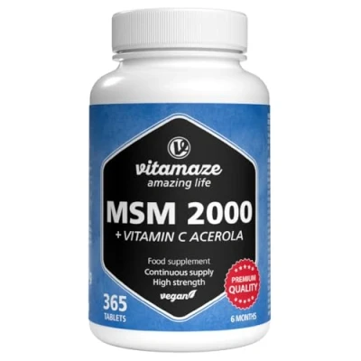 Image of MSM + Vitamin C acerola high dose, 365 Tablets for 6 Months, 2,000 mg Organic Sulphur Powder per Day, 99.9% Pure methylsulphonylmethane, Food Supplement Without additives, Made in Germany