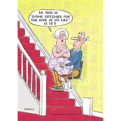Image of Funny Male/Female Birthday Card for Him/Her Humorous General Men/Women Cartoon Design Stair Lift Joke Made in the UK Eco Friendly
