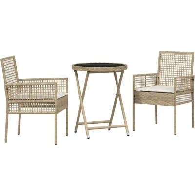 Image of vidaXL 3 Piece Garden Bistro Set with Cushions Beige Poly Rattan