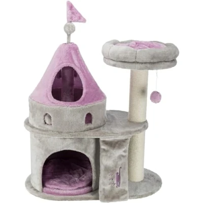 Image of Trixie My Kitty Darling Castle Condo, Scratching Post, Cat Tree, Furniture, Pom Pom, Removable Cushion, Gray/Pink, L