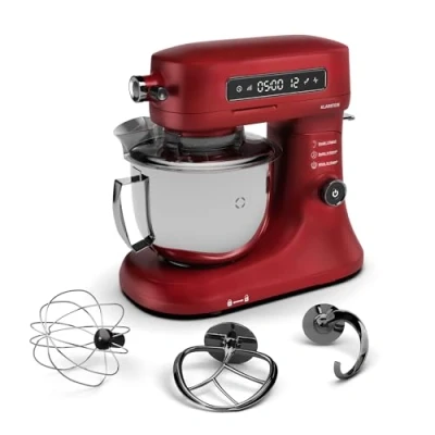 Image of Klarstein Chiara 1600W Stand Mixer 5L Stainless Steel Bowl, 12 Speed Settings, LCD Touch Display, Quiet ≤72dB, Dishwasher Safe Patisserie Set, Die Cast Aluminium Housing, Red