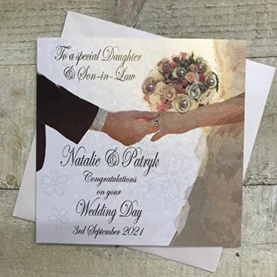 Image of WHITE COTTON CARDS PERSONALISED WEDDING CARD. DAUGHTER &amp; SON IN LAW HANDS CARD DESIGN. Handmade (P19 52 DS XP19 DS)