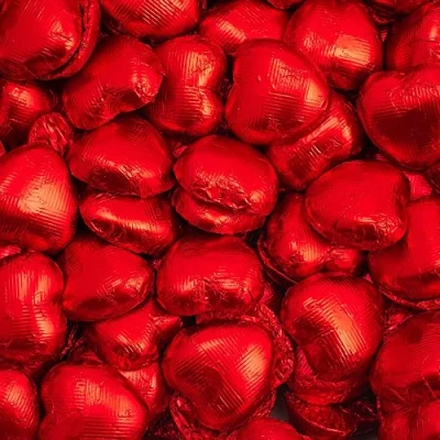 Image of Italian Options Milk Chocolate Foiled Hearts, 150 Chocolates, Red Foil