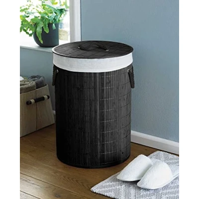 Image of COUNTRY CLUB Folding Bamboo Laundry Hamper Basket Storage Bin Dirty Clothes Washing Bag (Charcoal)