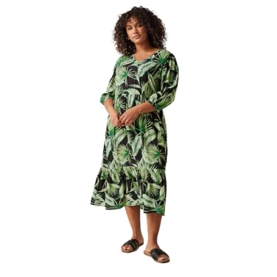 Image of EVANS Curve Palm Print Tiered Midi Dress Women&#039;s Plus Size Green